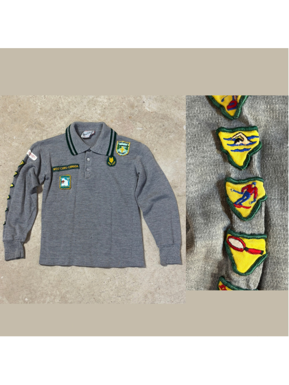 Vintage Wolf Cubs Canada Shirt Youth Boy’s Size 10 Grey Green Patches Badges